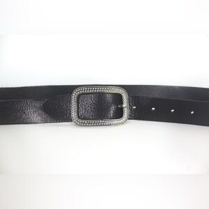Black Leather Belt with Brass and Rhinestone Buckle